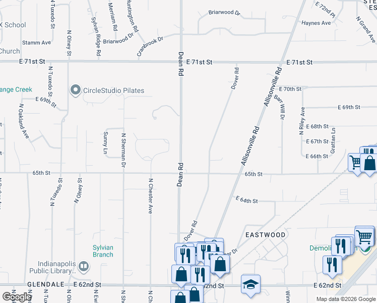 map of restaurants, bars, coffee shops, grocery stores, and more near 6540 Dover Road in Indianapolis
