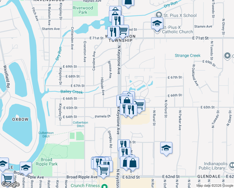 map of restaurants, bars, coffee shops, grocery stores, and more near 6606 North Keystone Avenue in Indianapolis