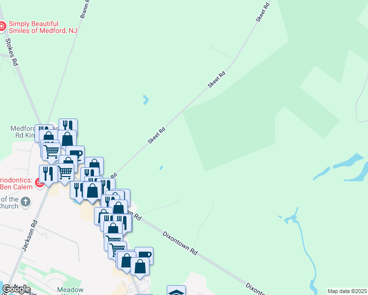 map of restaurants, bars, coffee shops, grocery stores, and more near 38 Skeet Road in Medford
