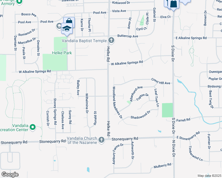 map of restaurants, bars, coffee shops, grocery stores, and more near 1101 Woodland Meadows Drive in Vandalia
