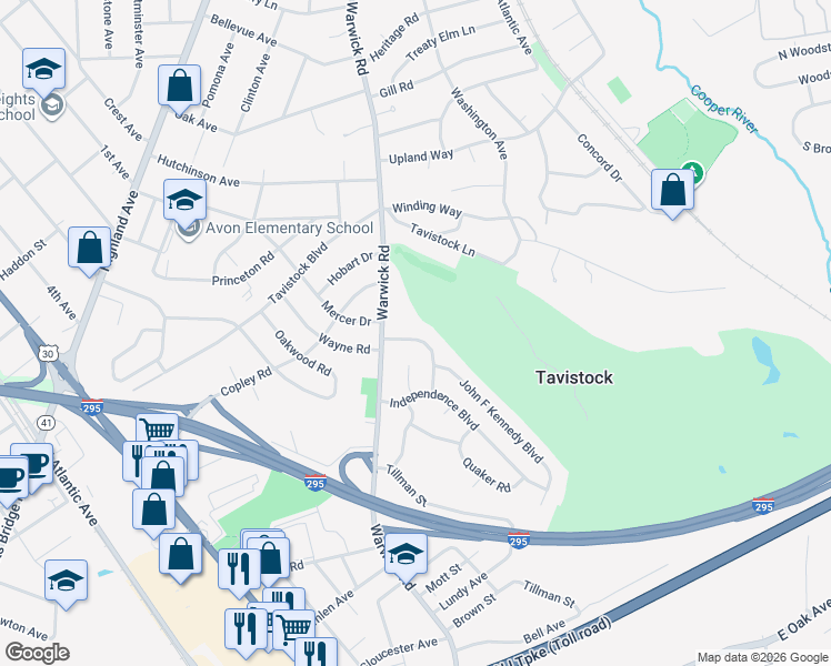 map of restaurants, bars, coffee shops, grocery stores, and more near 25 Hemmings Way in Lawnside
