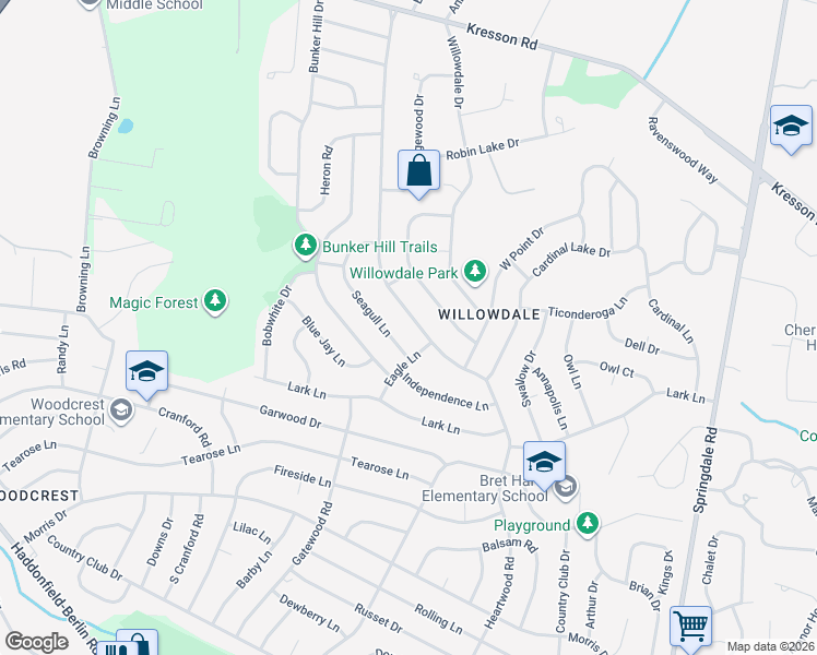 map of restaurants, bars, coffee shops, grocery stores, and more near 1108 Heartwood Drive in Cherry Hill