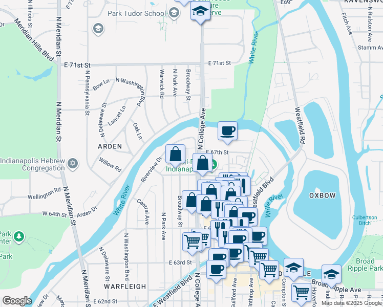 map of restaurants, bars, coffee shops, grocery stores, and more near in Indianapolis