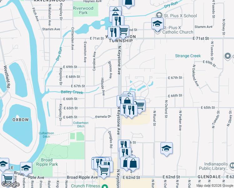 map of restaurants, bars, coffee shops, grocery stores, and more near 6606 North Keystone Avenue in Indianapolis