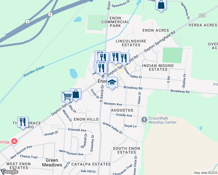 map of restaurants, bars, coffee shops, grocery stores, and more near 120 South Xenia Drive in Enon