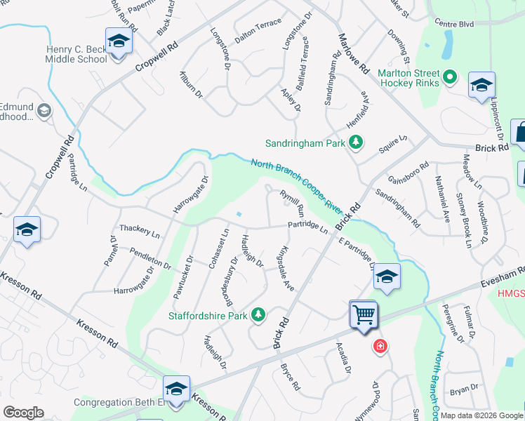 map of restaurants, bars, coffee shops, grocery stores, and more near 1025 Rymill Run in Cherry Hill