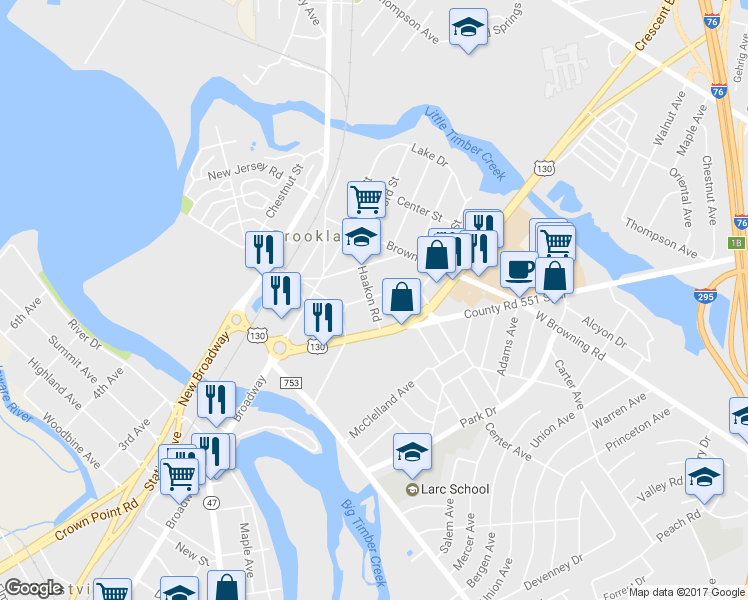 map of restaurants, bars, coffee shops, grocery stores, and more near 401 Haakon Road in Brooklawn