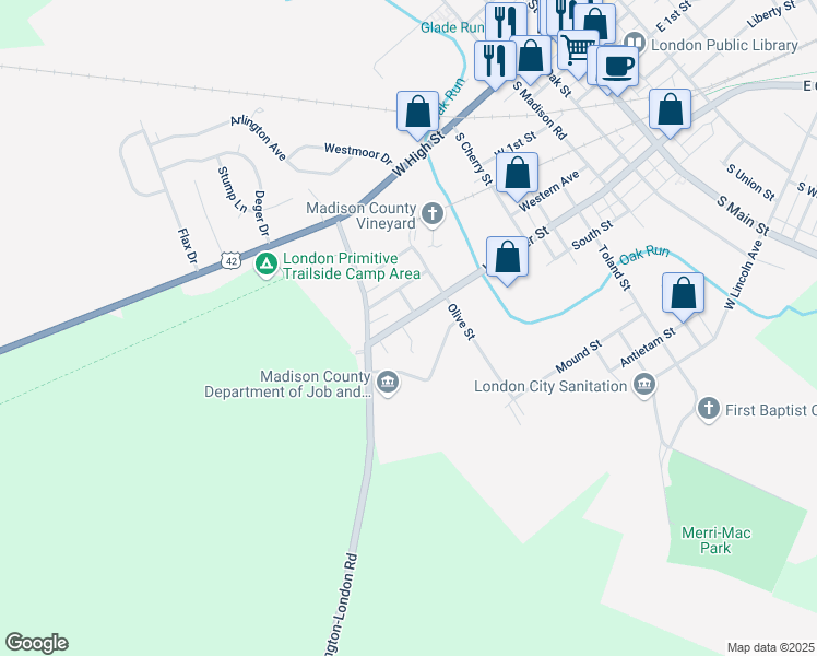 map of restaurants, bars, coffee shops, grocery stores, and more near 265 Bowman Court in London