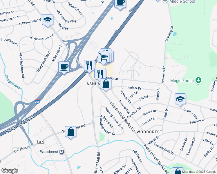 map of restaurants, bars, coffee shops, grocery stores, and more near 1503 Pleasant Drive in Cherry Hill