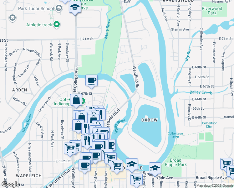 map of restaurants, bars, coffee shops, grocery stores, and more near 6668 Westfield Boulevard in Indianapolis