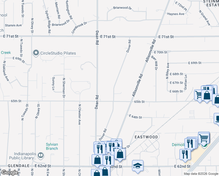 map of restaurants, bars, coffee shops, grocery stores, and more near 6540 Dover Road in Indianapolis