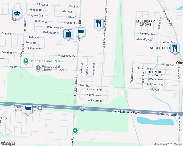 map of restaurants, bars, coffee shops, grocery stores, and more near 4269 Nipigon Dr in Columbus