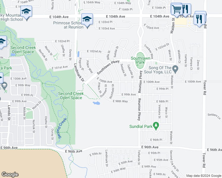 map of restaurants, bars, coffee shops, grocery stores, and more near 9949 Richfield Street in Commerce City