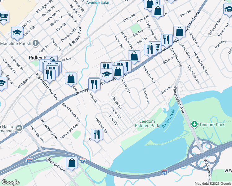 map of restaurants, bars, coffee shops, grocery stores, and more near 634 Clymer Lane in Ridley Park