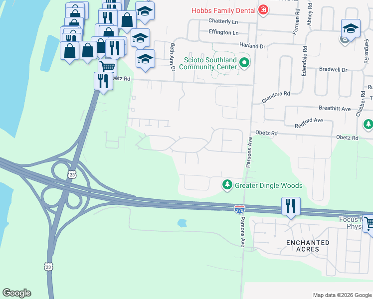 map of restaurants, bars, coffee shops, grocery stores, and more near 300 Chambersburg Road in Columbus