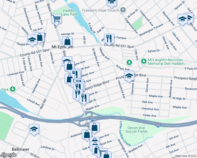 map of restaurants, bars, coffee shops, grocery stores, and more near 1912 South Park Avenue in Haddon Heights