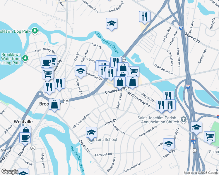 map of restaurants, bars, coffee shops, grocery stores, and more near 702 West Browning Road in GLOUCSTR CITY