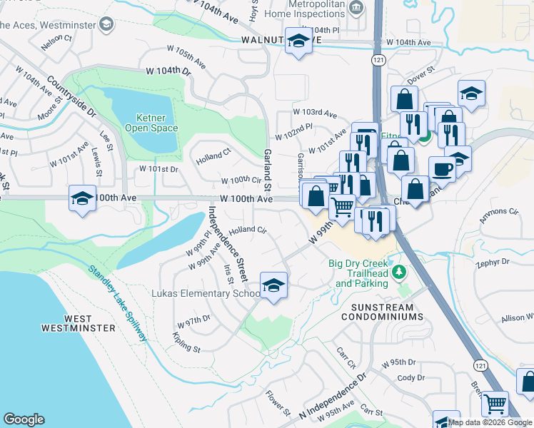 map of restaurants, bars, coffee shops, grocery stores, and more near 9943 Garland Drive in Westminster