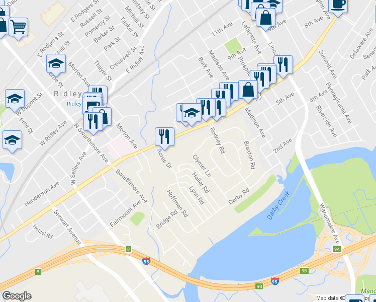 map of restaurants, bars, coffee shops, grocery stores, and more near 649 Clymer Lane in Ridley Park