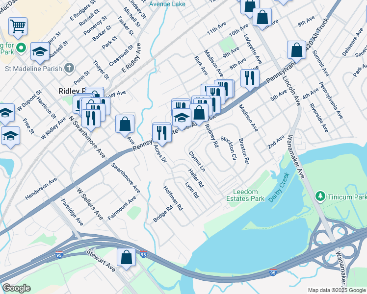 map of restaurants, bars, coffee shops, grocery stores, and more near 649 Clymer Lane in Ridley Park