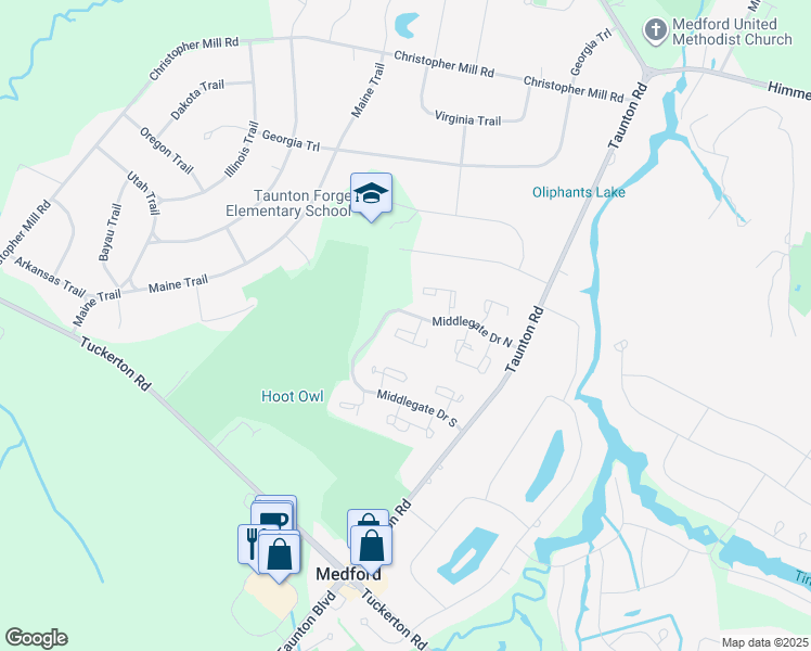 map of restaurants, bars, coffee shops, grocery stores, and more near 32 Fawnhollow Court in Medford