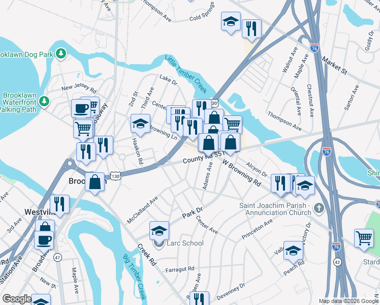 map of restaurants, bars, coffee shops, grocery stores, and more near 702 West Browning Road in Brooklawn