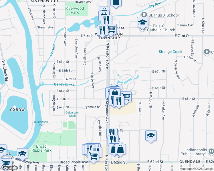 map of restaurants, bars, coffee shops, grocery stores, and more near 6606 North Keystone Avenue in Indianapolis