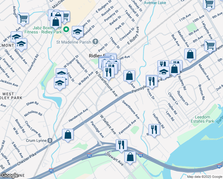 map of restaurants, bars, coffee shops, grocery stores, and more near 78 North Swarthmore Avenue in Ridley Park