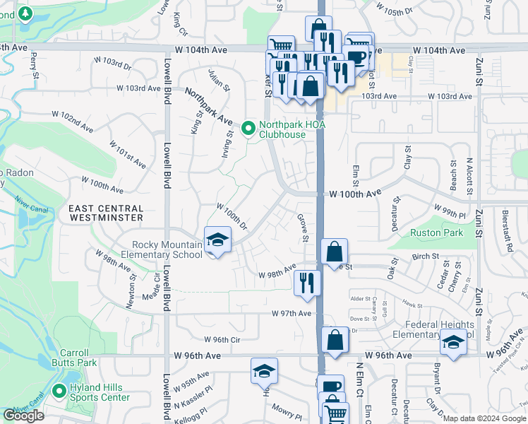 map of restaurants, bars, coffee shops, grocery stores, and more near 9913 Grove Place in Westminster