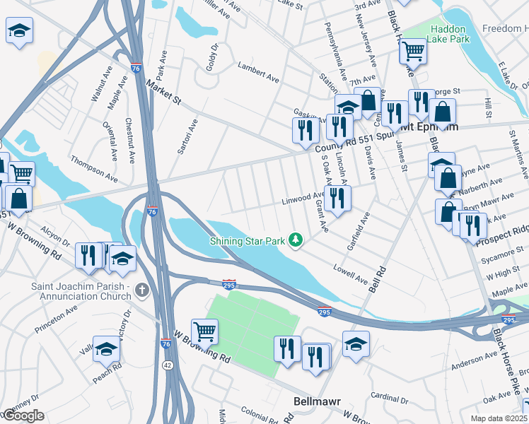 map of restaurants, bars, coffee shops, grocery stores, and more near 106 Jefferson Avenue in Mount Ephraim