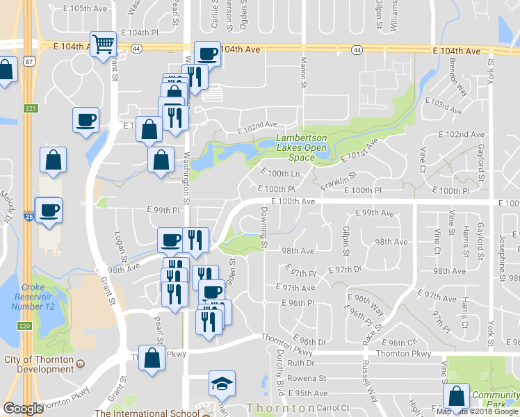 map of restaurants, bars, coffee shops, grocery stores, and more near 9995 Downing Street in Thornton