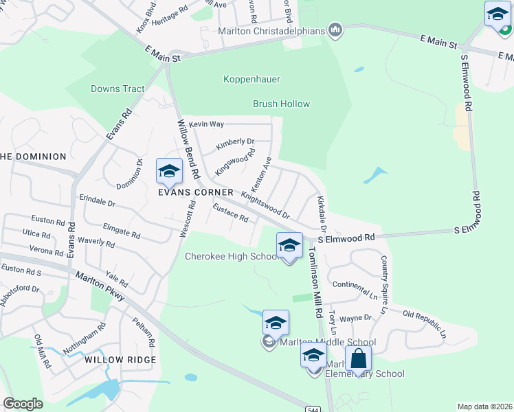 map of restaurants, bars, coffee shops, grocery stores, and more near 42 Knightswood Drive in Evesham