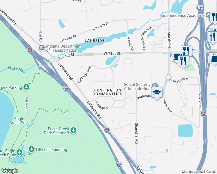 map of restaurants, bars, coffee shops, grocery stores, and more near 6914 Caribou Drive in Indianapolis