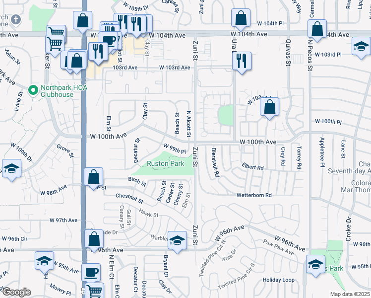 map of restaurants, bars, coffee shops, grocery stores, and more near 2519 West 99th Place in Federal Heights