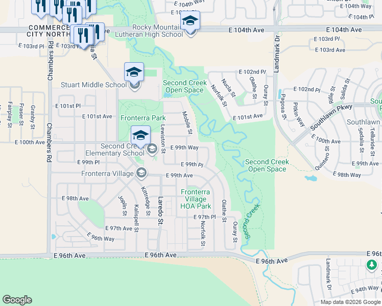 map of restaurants, bars, coffee shops, grocery stores, and more near 9942 Mobile Street in Commerce City