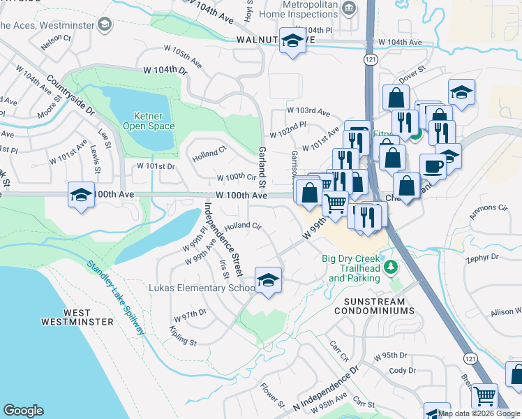 map of restaurants, bars, coffee shops, grocery stores, and more near 9943 Garland Drive in Westminster