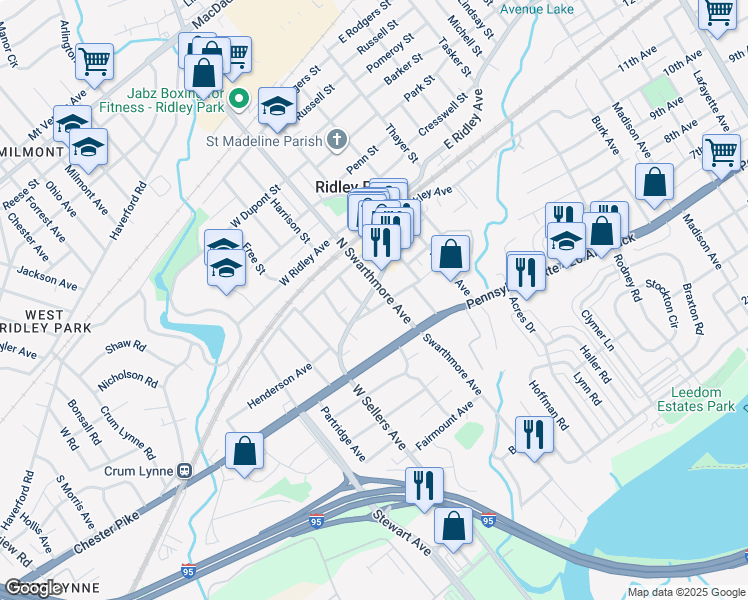 map of restaurants, bars, coffee shops, grocery stores, and more near 5 Felton Street in Ridley Park