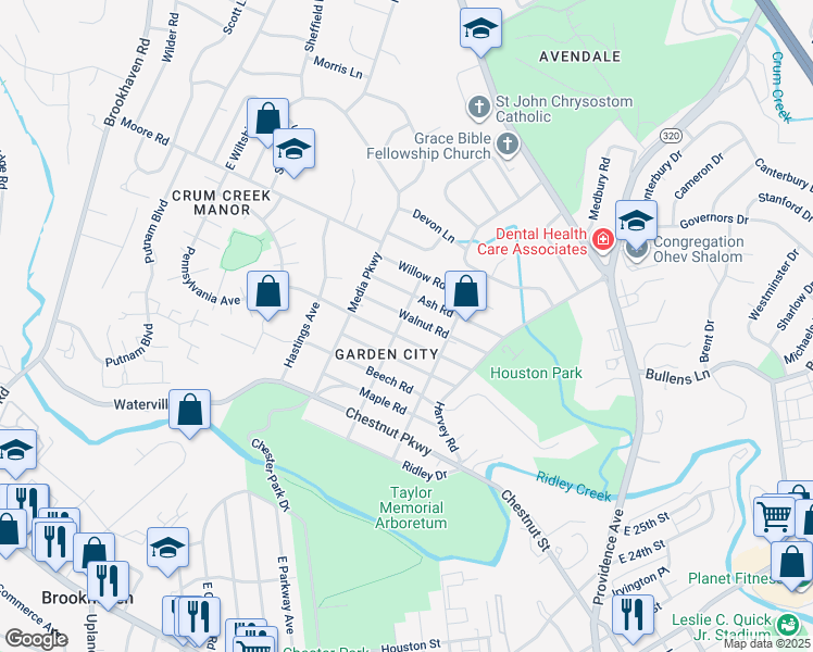 map of restaurants, bars, coffee shops, grocery stores, and more near 507 Ryanard Road in Nether Providence Township