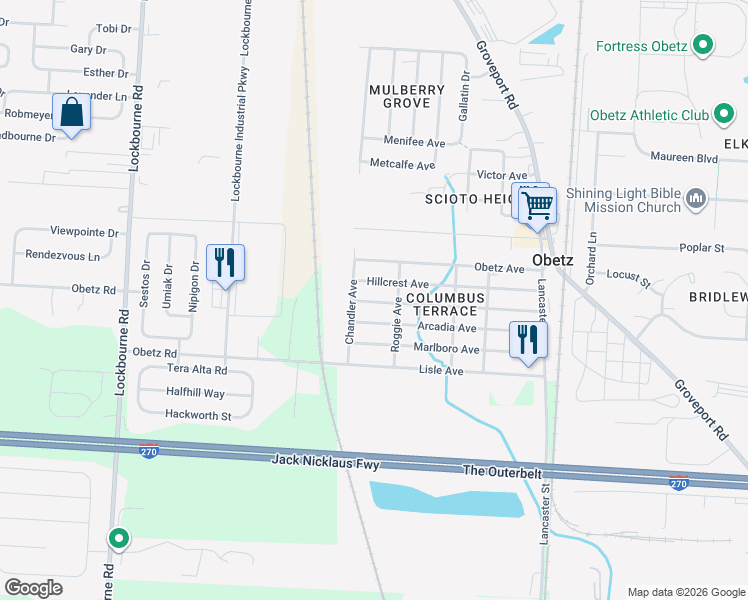 map of restaurants, bars, coffee shops, grocery stores, and more near 1576 Meriline Avenue in Obetz