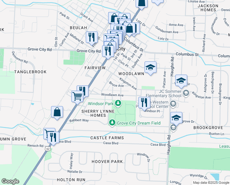 map of restaurants, bars, coffee shops, grocery stores, and more near 4251 Bonnie Avenue in Grove City