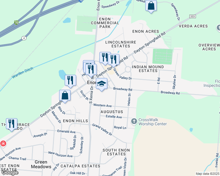 map of restaurants, bars, coffee shops, grocery stores, and more near 79 North Harrison Street in Enon