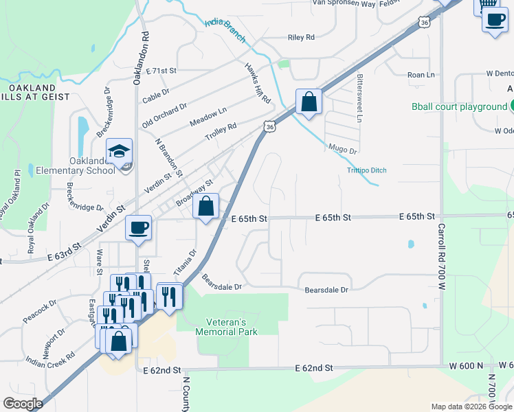 map of restaurants, bars, coffee shops, grocery stores, and more near 12148 East 65th Street in Indianapolis