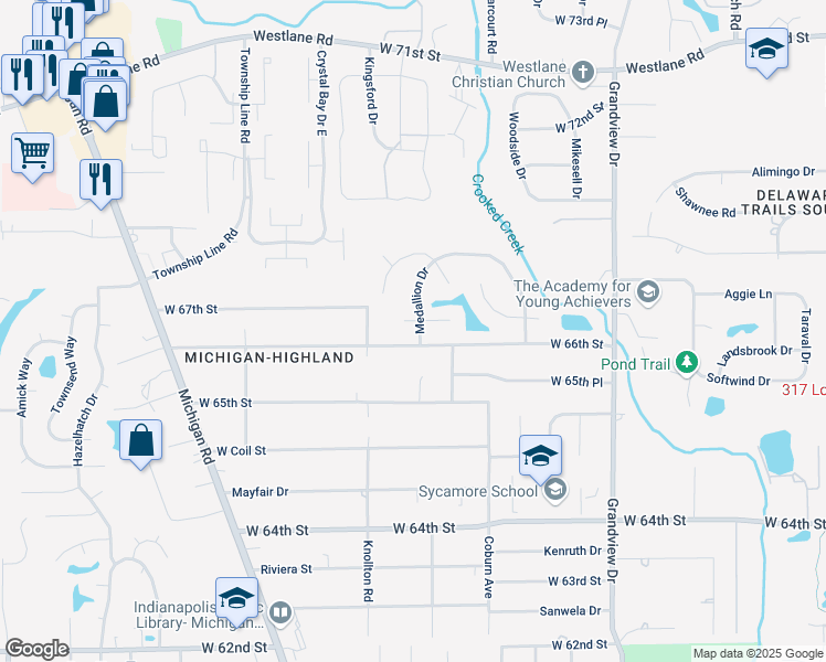 map of restaurants, bars, coffee shops, grocery stores, and more near 2031 Cycling Lane in Indianapolis