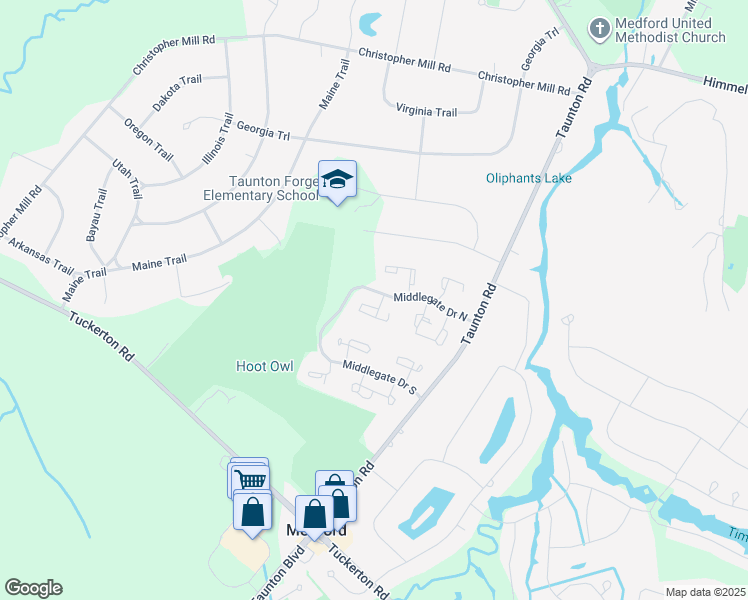 map of restaurants, bars, coffee shops, grocery stores, and more near 32 Fawnhollow Court in Medford