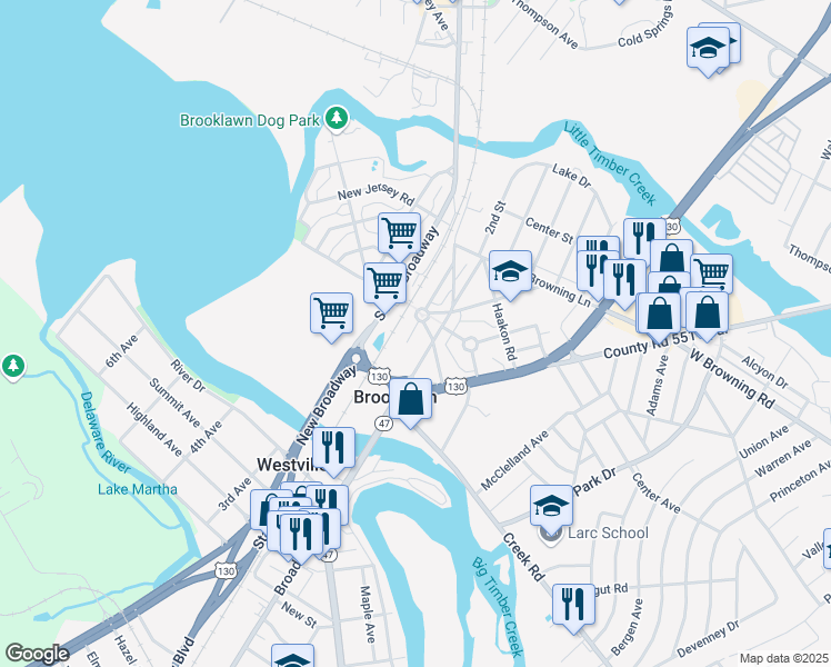 map of restaurants, bars, coffee shops, grocery stores, and more near 111 South Wilson Avenue in Brooklawn