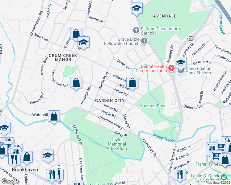 map of restaurants, bars, coffee shops, grocery stores, and more near 507 Ryanard Road in Nether Providence Township