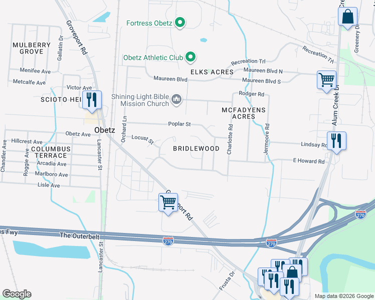 map of restaurants, bars, coffee shops, grocery stores, and more near 2129 Brett Court in Obetz