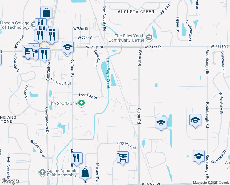 map of restaurants, bars, coffee shops, grocery stores, and more near 6648 Deep Run Court in Indianapolis
