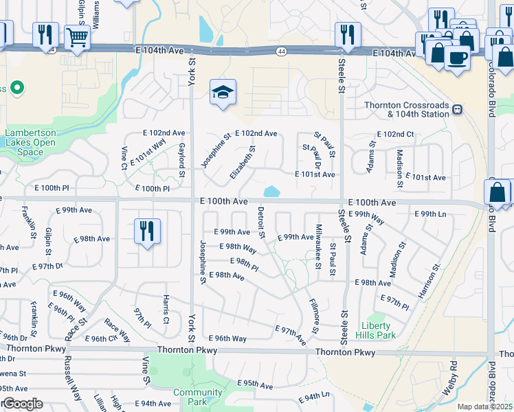 map of restaurants, bars, coffee shops, grocery stores, and more near 9999 Detroit Street in Thornton