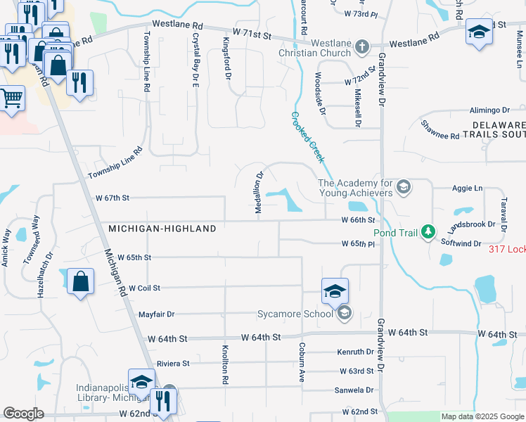 map of restaurants, bars, coffee shops, grocery stores, and more near 2031 Cycling Lane in Indianapolis